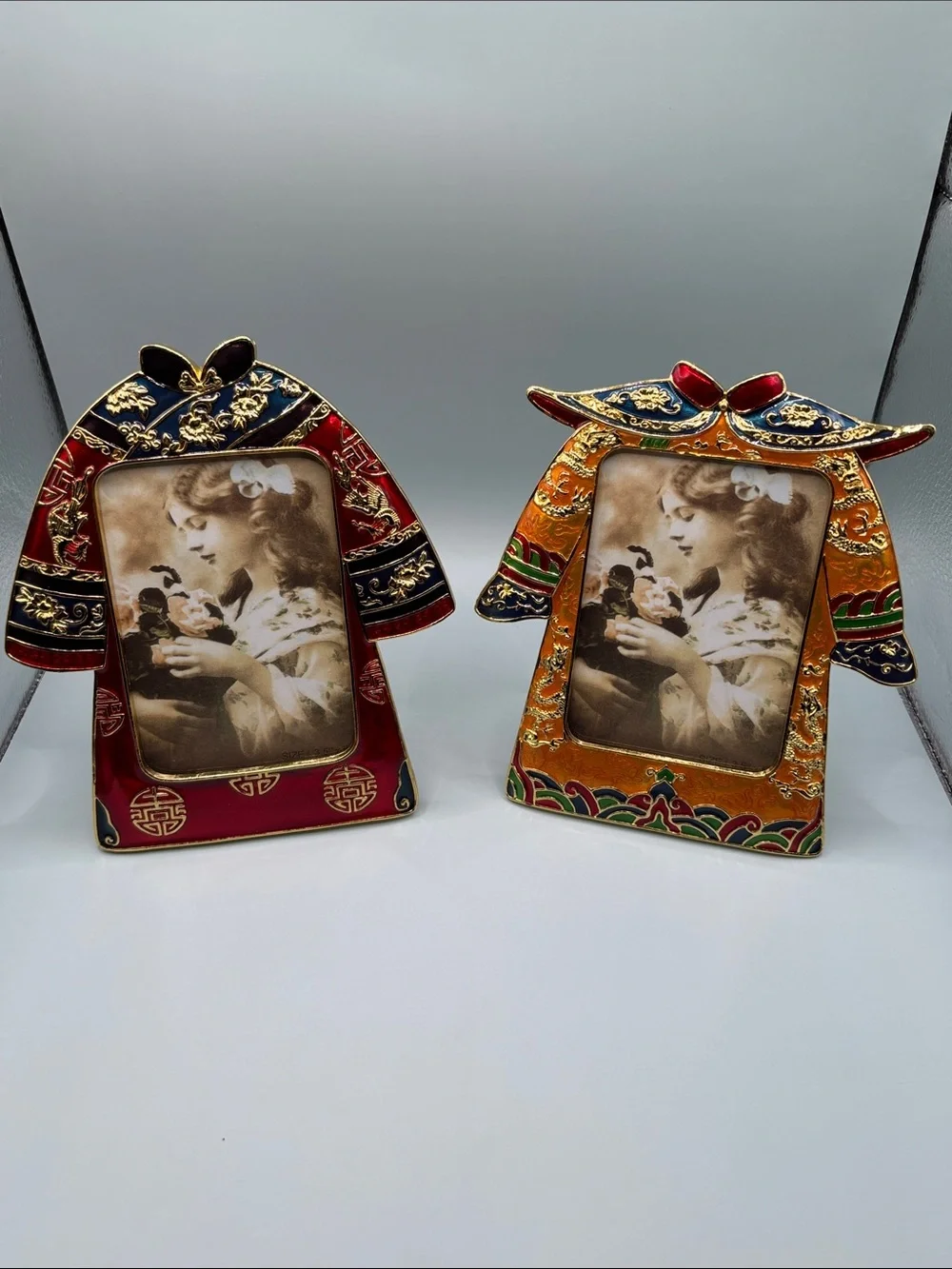 Enamel Emperor Empress Kimono Photo Frame Set - Red and Gold